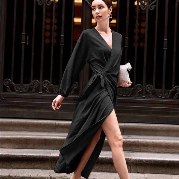 maxi wrap dress v neck slit silky tan nude - Picture 3 of 5